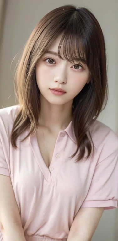 masterpiece, highest quality, 8k, 20th Generation, Large Breasts, cute, alone, sad, cute, Girlish, Delicate girl, Pure beauty, RAW Photos, Professional photography, Portraiture, Soft Light, Professional Lighting, Backlight, Upper Body, avert your eyes, Sophisticated, Film Grain, (Eyes and facial details:1.0), Short floating hair, Beautiful, flowing hair, bangs, (loose polo shirt(pastel colour))、(Large Breasts:1.0)、You can see a little cleavage、Dolly Makeup、Odd Eye、The colour of the left and right eyes are different