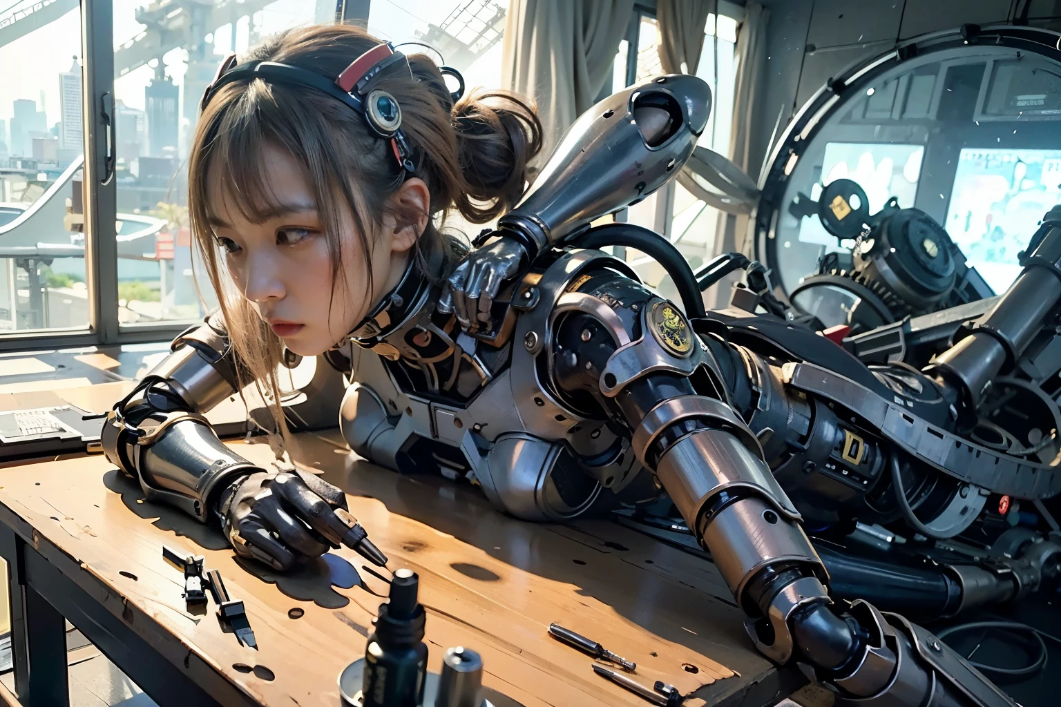 Masterpiece, (ultimate quality:1.2), 8k, Japanese woman in turtle-type powered suit, silver base with yellow and black accents, very beautiful face, mechanical, (mechanical bat wings), jet pack, hydraulic cylinder, power pipe, ultimately intricate details, full body shot, (ultimate photo Realistic:1.37), future metropolis at night, (Steampunk: 1.2), (Cyberpunk), Full body photo, Wide-angle shot