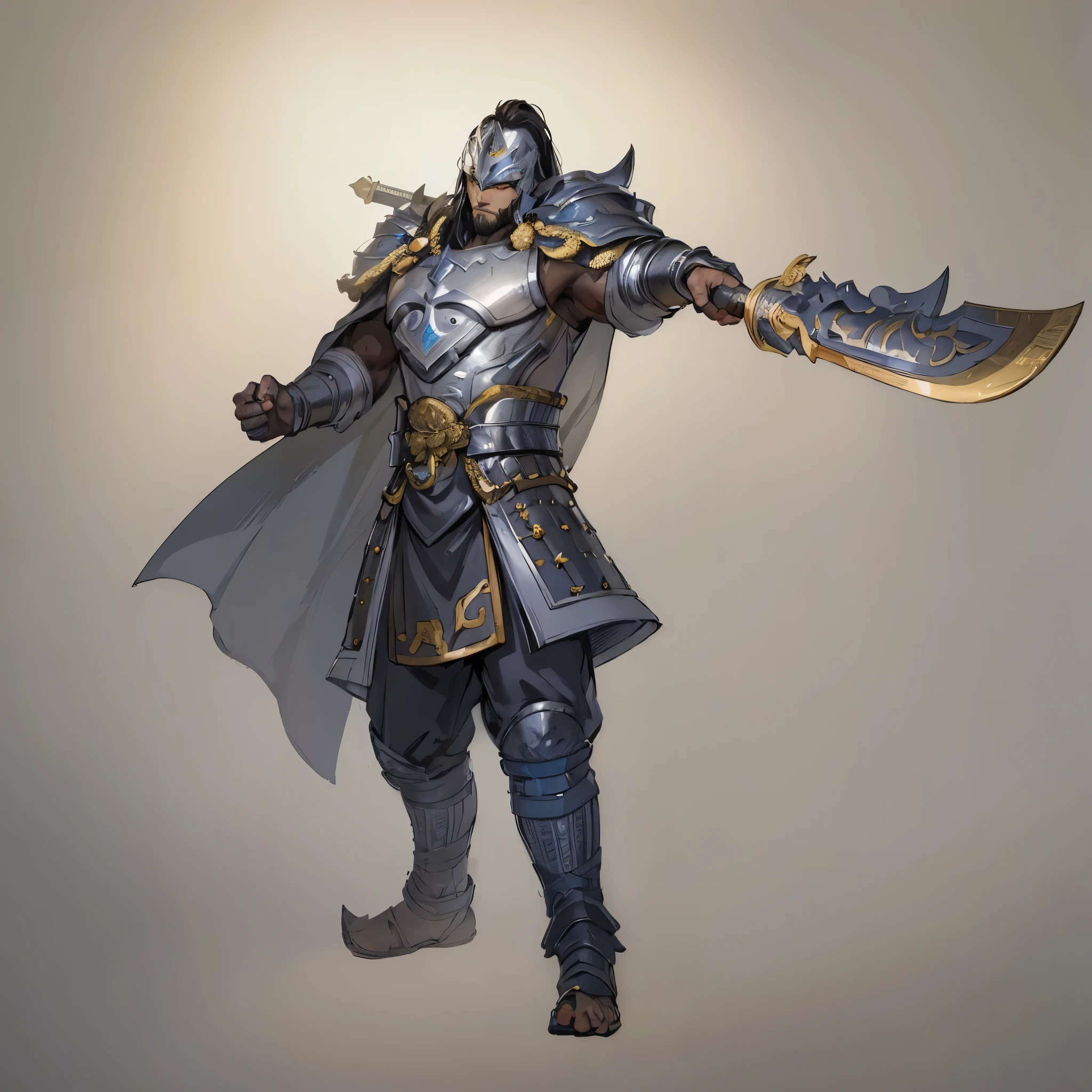 male，Military commander,Dian Wei，Muscular man，Silver weapons，Silver armor with gold trim，No cape，Silver Helmet，Three Kingdoms，warrior，Gray background，White background