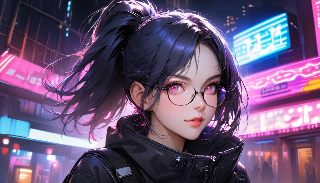 (highres,masterpiece:1.2),ultra-detailed,(realistic:1.37) portrait, girl, skinny body, short hair, high ponytail, dark blue hair, pink eyes, wearing glasses, techwear, futuristic, neon lights, urban backdrop, confident expression, vibrant colors