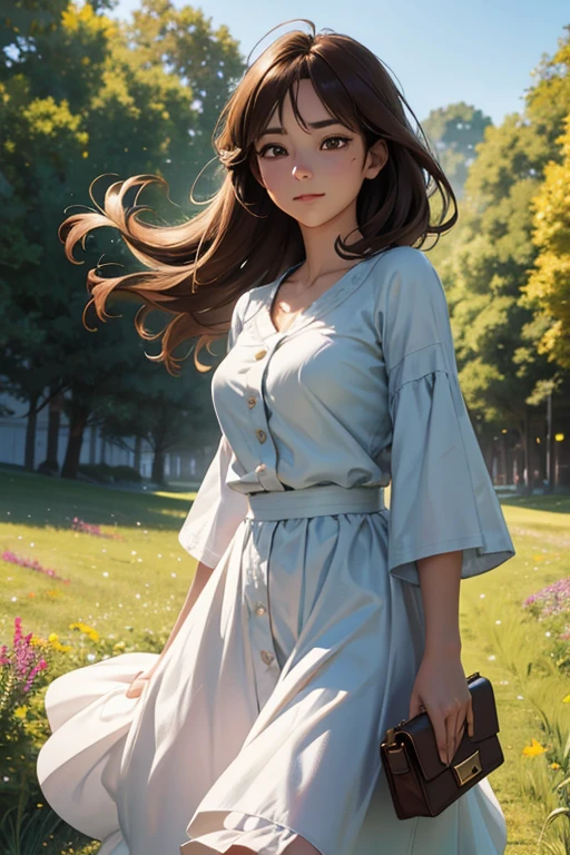high quality, 8K Ultra HD, masterpiece, beautiful girl, A digital illustration of anime style, digital paintings of her, beautiful face, A beautiful girl walking with a bag on a grassy field, surrounded by a vast expanse of greenery and wildflowers, Her hair is gently swaying in the breeze, and the sun is shining down on her, casting a warm glow on her skin, heroines, delicate skin, beautiful hair, large eyes, three dimensional effect, enhanced beauty, Albert Anker, Feeling like Albert Anker, Kyoto Animation, Feeling like Kyoto Animation, brown hair, a little smile, luminism, black eye, 3d render, octane render, cinematic, Isometric, by yukisakura, awesome full color,
