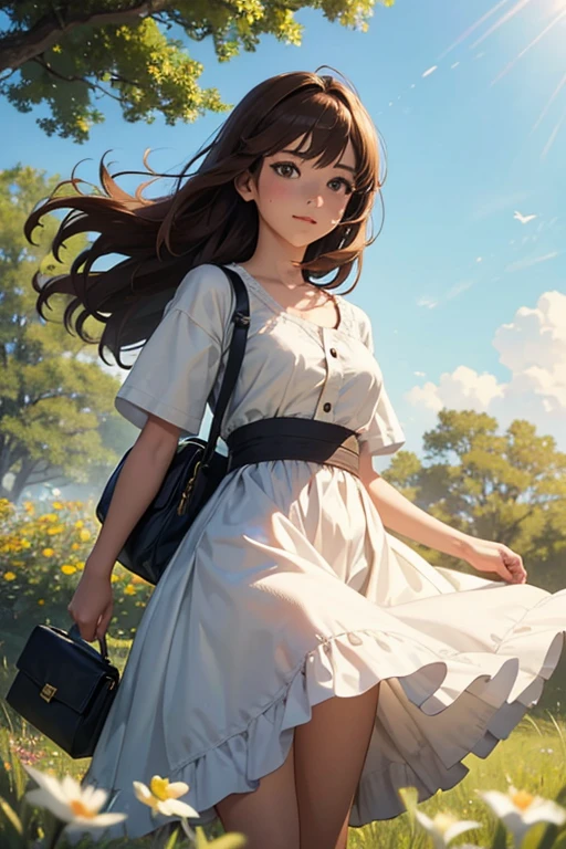 high quality, 8K Ultra HD, masterpiece, beautiful girl, A digital illustration of anime style, digital paintings of her, beautiful face, A beautiful girl walking with a bag on a grassy field, surrounded by a vast expanse of greenery and wildflowers, Her hair is gently swaying in the breeze, and the sun is shining down on her, casting a warm glow on her skin, heroines, delicate skin, beautiful hair, large eyes, three dimensional effect, enhanced beauty, Albert Anker, Feeling like Albert Anker, Kyoto Animation, Feeling like Kyoto Animation, brown hair, a little smile, luminism, black eye, 3d render, octane render, cinematic, Isometric, by yukisakura, awesome full color,