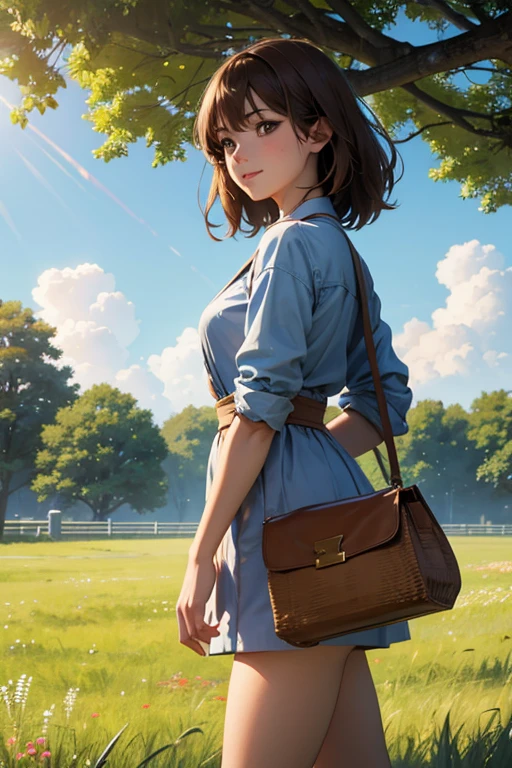 high quality, 8K Ultra HD, masterpiece, beautiful girl, A digital illustration of anime style, digital paintings of her, beautiful face, A beautiful girl walking with a bag on a grassy field, surrounded by a vast expanse of greenery and wildflowers, Her hair is gently swaying in the breeze, and the sun is shining down on her, casting a warm glow on her skin, heroines, delicate skin, beautiful hair, large eyes, three dimensional effect, enhanced beauty, Albert Anker, Feeling like Albert Anker, Kyoto Animation, Feeling like Kyoto Animation, brown hair, a little smile, luminism, black eye, 3d render, octane render, cinematic, Isometric, by yukisakura, awesome full color,