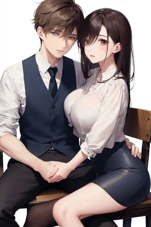 top-quality　​masterpiece　Male and female couples　Girl sitting on a chair wearing a tight skirt over a blouse with big breasts。Boy kissing her。Boy in high school long pants uniform with mash cut hairstyle。Without glasses、Revenge relationship