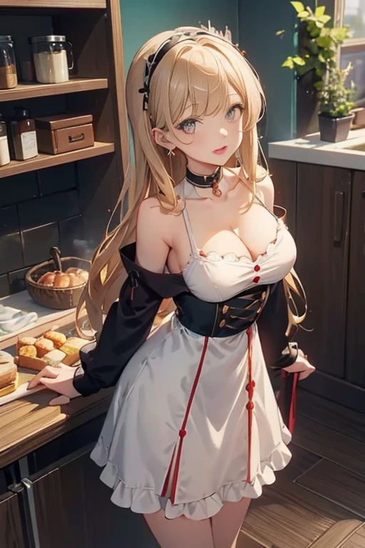Adult Woman, masterpiece, 1girl, Amazing Cleavage:1.3, thin waist, big ass, Raised sexy, medium breast:1.3,posed cleavage:1.2,solo, open mouth, have a cup of coffee,black hair, red eyes, dress, bare shoulders, jewelry, collarbone, sidelocks, hairband, earrings, indoors, off shoulder, arms behind back, plant, short hair with long locks, black hairband, sweater dress, off-shoulder sweater, red sweater, big side hair, very long side hair,is rendered in (masterpiece: 1.2, best quality), with (ultra high resolution) and an exquisite (depth of field). This masterpiece is not only visually stunning but also tells, make of cooking some cakes ,in the kitchen,Long dark blonde wavy hair、her thin pubic hair, Puffy nipple、(short flared skirt)、garter stocking、Earring、Medium milk, cute smile face、(Pose to lean forward and emphasize the chest)、sexy hips、high-heels、atlibrary、((Close your arms to your chest and look up)),(with sparkling eyes and a contagious smile), looking at viewer,