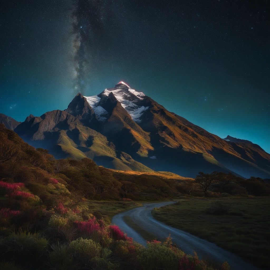 Mountain with pae ora stars and Maori chief
 in foreground 
