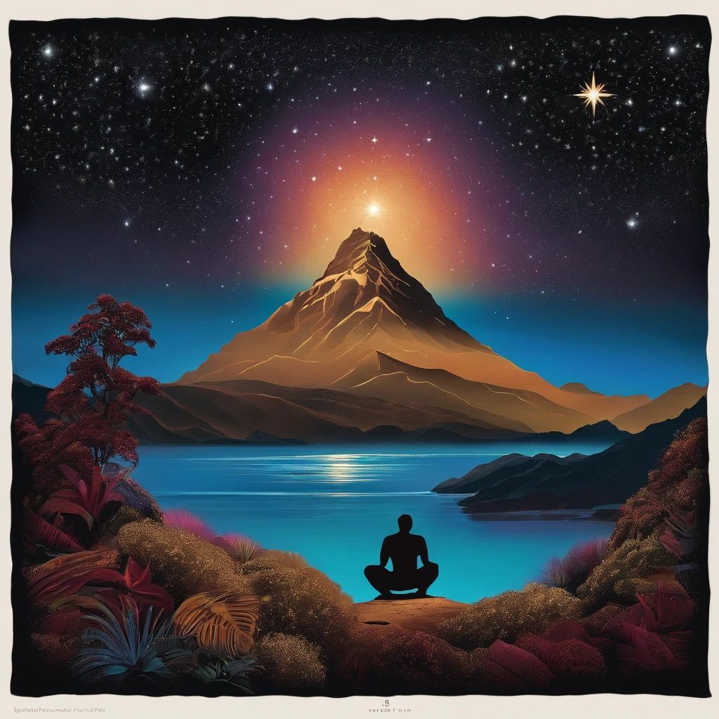 Mountain with pae ora stars and Maori chief
in foreground