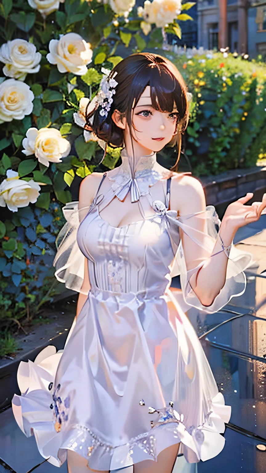 (highest quality, High resolution), Glowing Eyes, Delicate facial features, Vibrant colors, Dreamy atmosphere, Fantasy Theme, Floral Background, Graceful Movement, Detailed clothing, loose fitting dress, Elegant fashion, Magic lighting, Mysterious Aura, Heavenly Beauty, Magic thread, Whimsical elements,Big Breasts