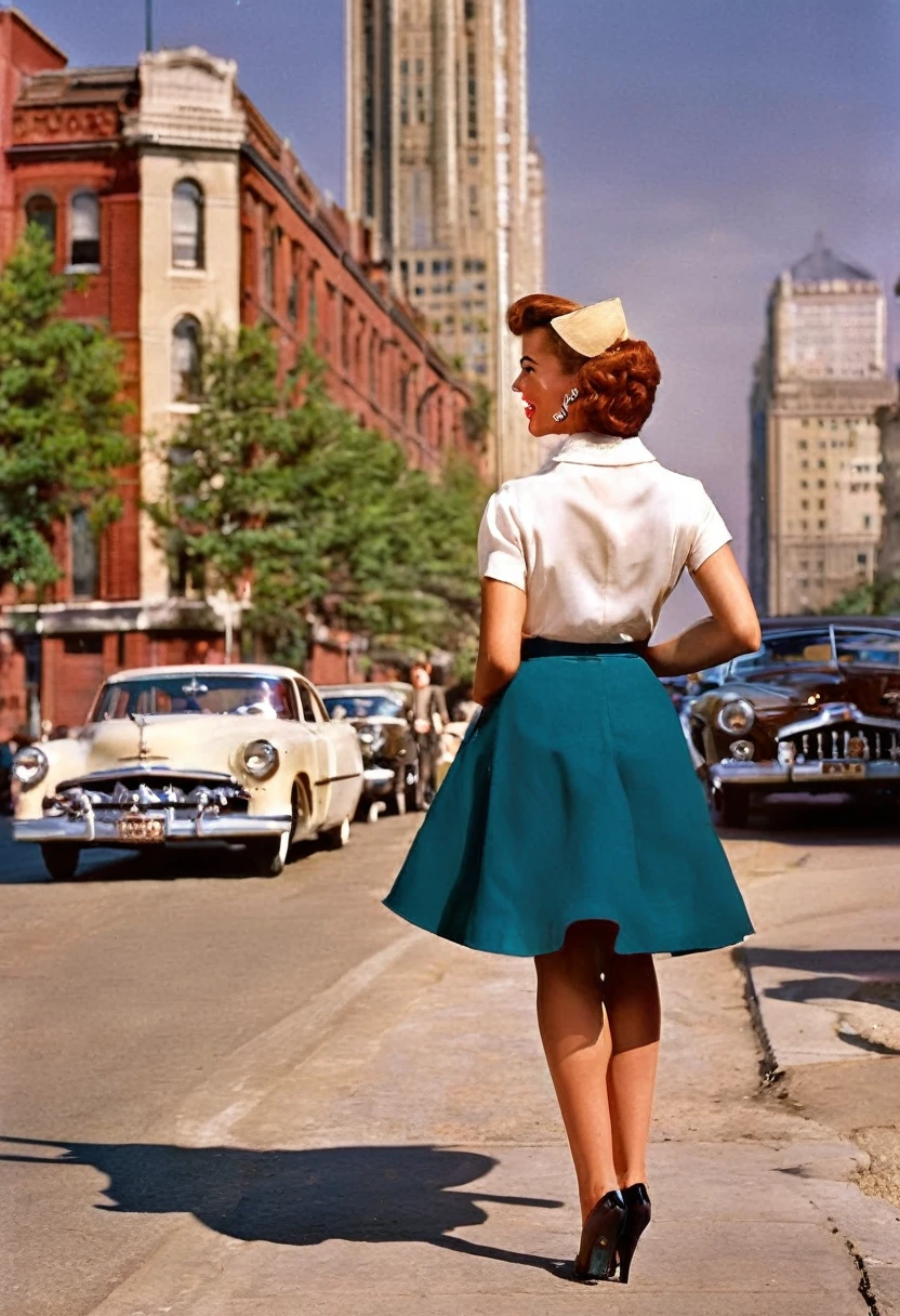 In a lively street scene from the 1950s, a stunning woman is crossing ...