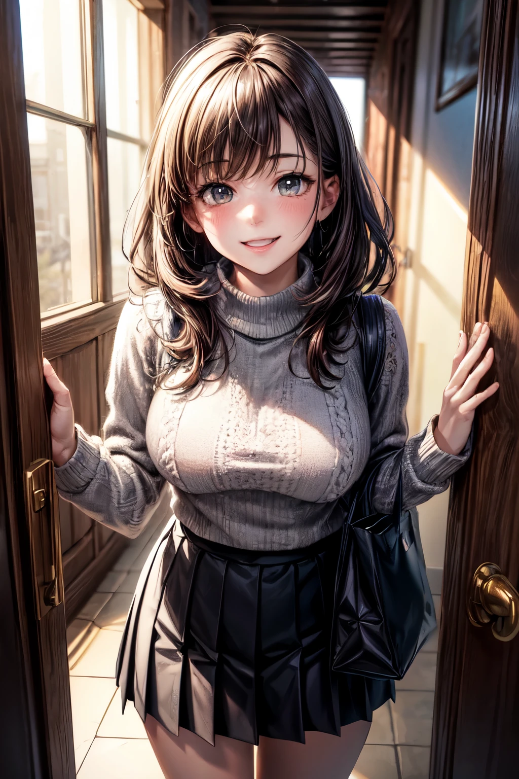 very cute and beautiful girl,(highly detailed beautiful face), (smile),happy,embarrassed,looking at viewer, mossgreen sweater,cowboy shot,(pleated black mini skirt), standing in house door,town view,holding tote bag,black hair, (best quality,masterpiece),absurdres,highres,ultra-detailed,extremely detailed,32k,8k resolution, intricate details,cinematic scene,detailed background,solo,dynamic angle,