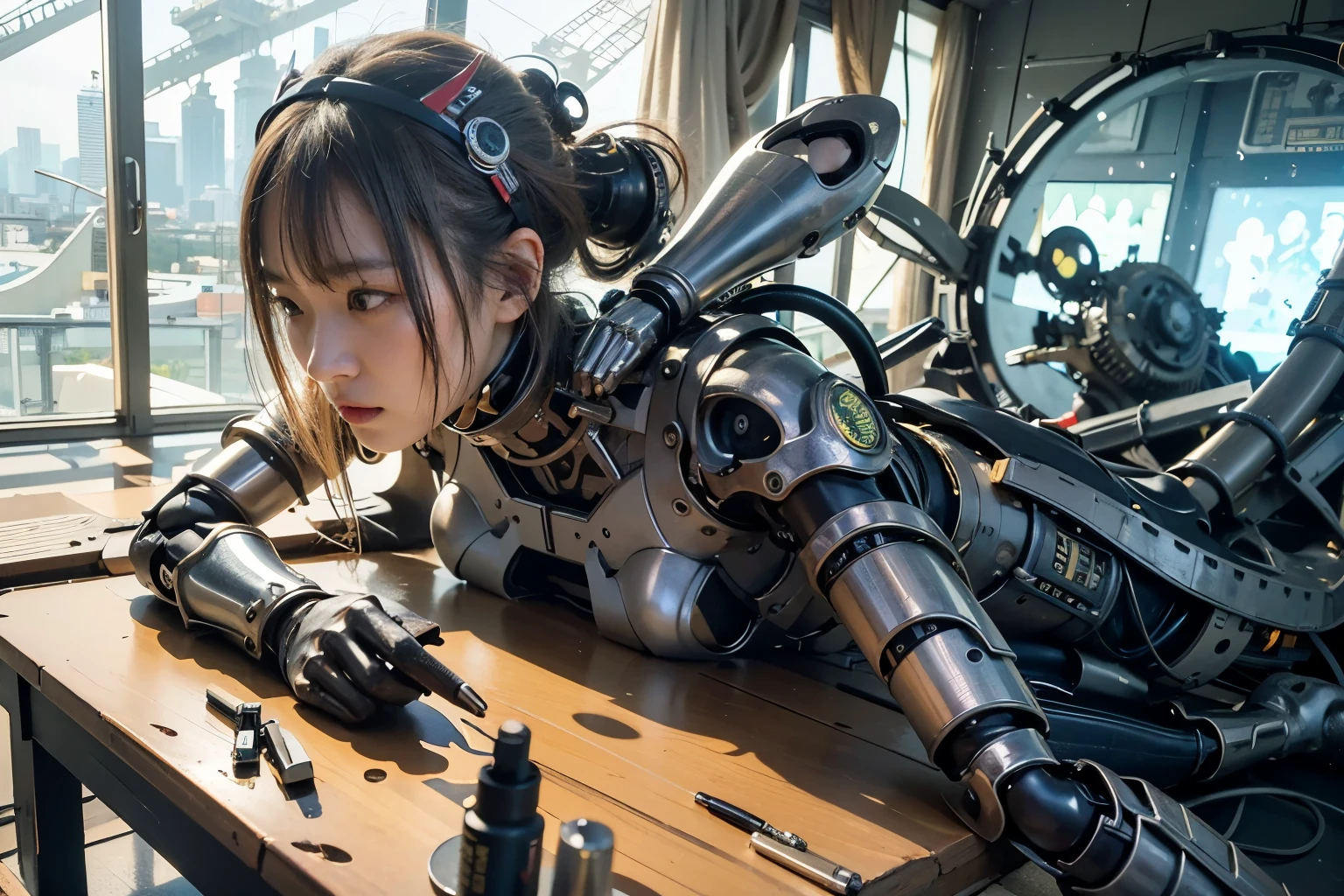Masterpiece, (ultimate quality:1.2), 8k, Japanese woman in turtle-type powered suit, silver base with yellow and black accents, very beautiful face, mechanical, (mechanical bat wings), jet pack, hydraulic cylinder, power pipe, ultimately intricate details, full body shot, (ultimate photo Realistic:1.37), future metropolis at night, (Steampunk: 1.2), (Cyberpunk), Full body photo, Wide-angle shot