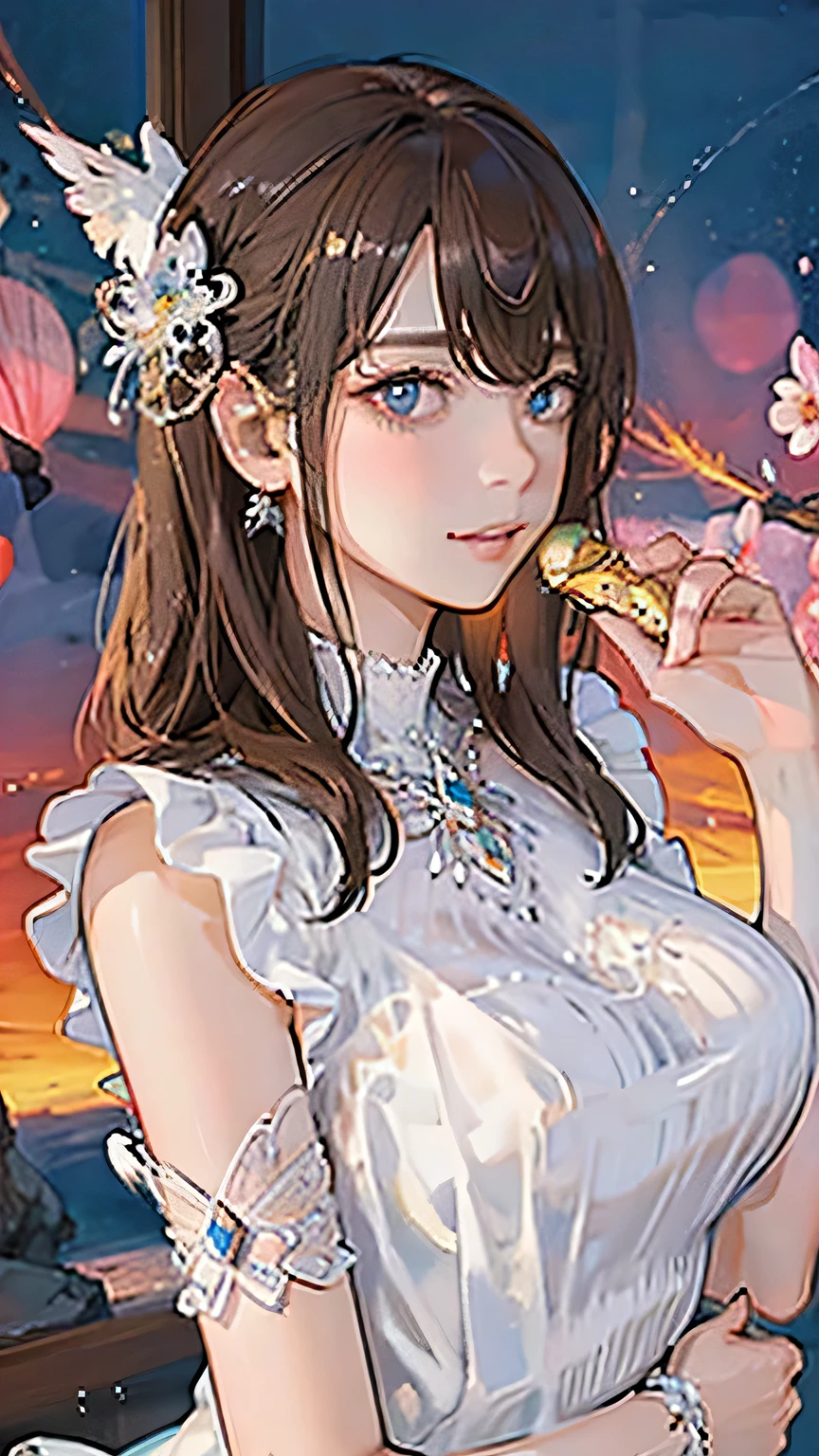 (highest quality, High resolution), Glowing Eyes, Delicate facial features, Vibrant colors, Dreamy atmosphere, Fantasy Theme, Floral Background, Graceful Movement, Detailed clothing, loose fitting dress, Elegant fashion, Magic lighting, Mysterious Aura, Heavenly Beauty, Magic thread, Whimsical elements,Big Breasts