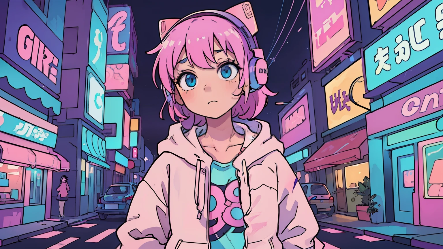 (masterpiece), (Best illustrations),One teenage girl, 90s wind,Retro、2d animation, Cel painting, pastel colour, cyber punk、City of night, Neon Town, hoodie, headphone、The inside color is pink,Emo,Night view, Mellow, Lo-fi hip hop,  (highest quality), (Vaporwave Style), (Ultra-detailed), (Best illustrations), (Best Shadow),Perfect lighting, Bright colors,fashionable
