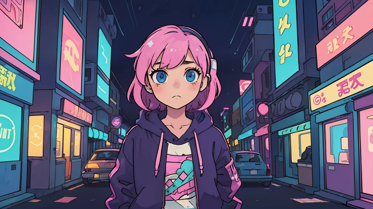 (masterpiece), (Best illustrations),One teenage girl, 90s wind,Retro、2d animation, Cel painting, pastel colour, cyber punk、City of night, Neon Town, hoodie, headphone、The inside color is pink,Emo,Night view, Mellow, Lo-fi hip hop, (highest quality), (Vaporwave Style), (Ultra-detailed), (Best illustrations), (Best Shadow),Perfect lighting, Bright colors,fashionable