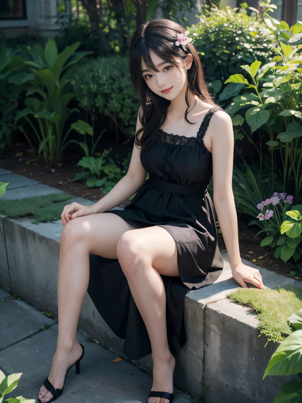 (ultra realistic) , (illustration), (increase resolution), (8K), (extremely detailed), (best illustration), (beautiful detailed eyes), (best quality), (ultra-detailed), (masterpiece), (wallpaper), (detailed face), solo,1 girl, looking at viewers, black straight hair, delicate details, in the dark, deep shadow, low key, pureerosfaceace_v1, happy smile, summer dress, full body, flower garden