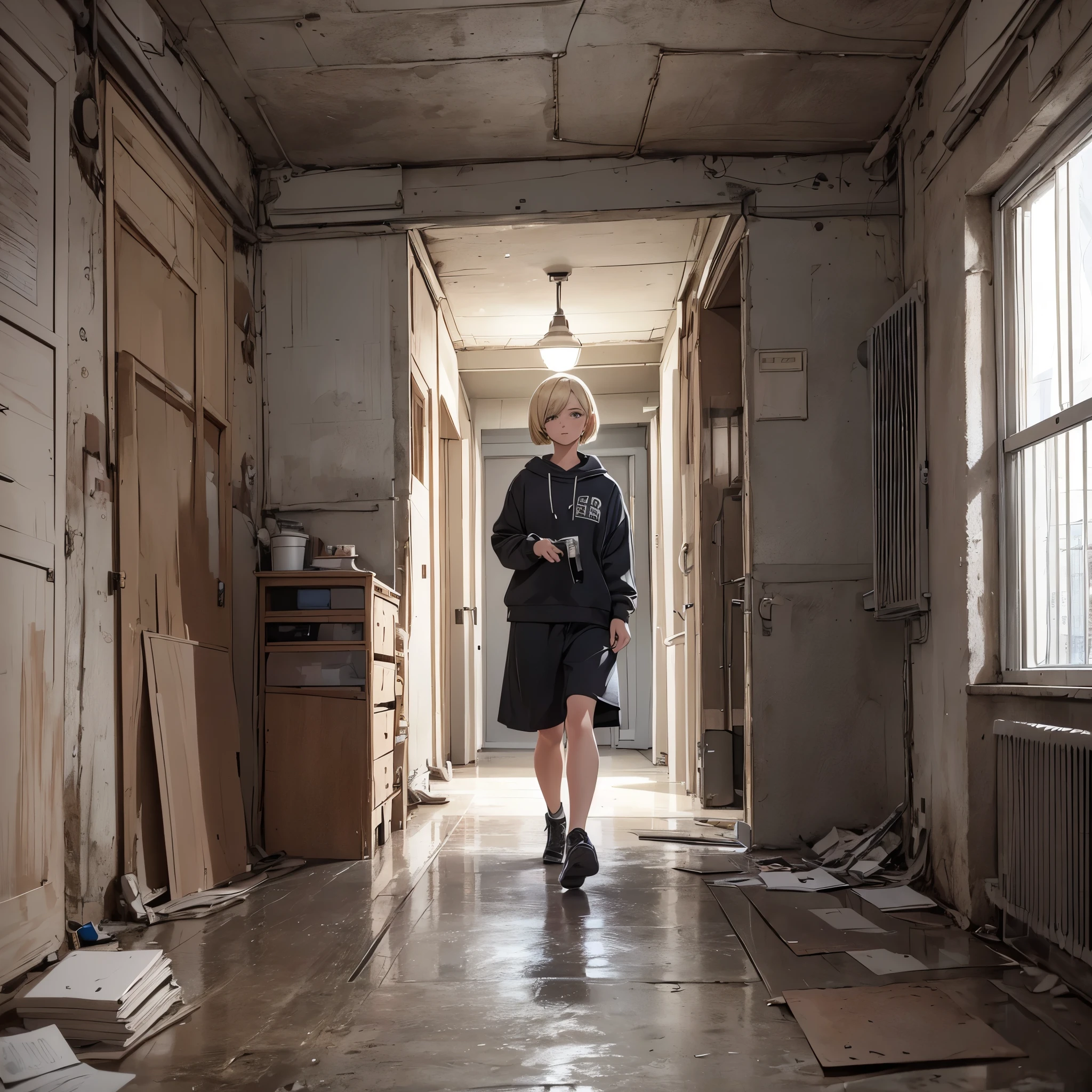 ((20-year-old woman,Blonde short bob hair,She is walking through an empty room)),Huge kids room,room in underground,A room with children's graffiti,Messy room,Dim electricity,Dimly lit room,There are many long and thin monsters,Uneasy atmosphere,