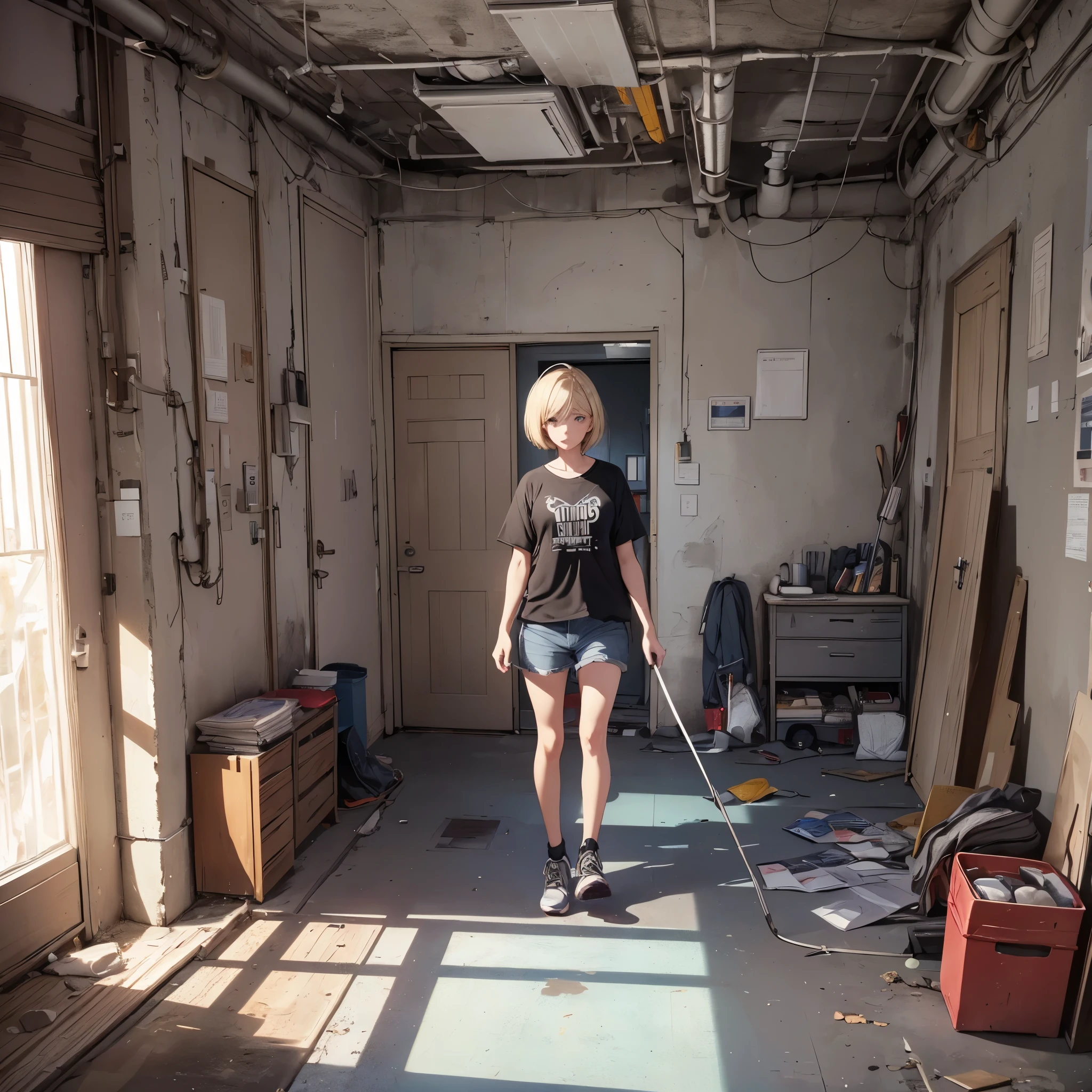((20-year-old woman,Blonde short bob hair,She is walking through an empty room)),Huge  room,room in underground,A room with children&#39;s graffiti,Messy room,Dim electricity,Dimly lit room,There are many long and thin monsters,Uneasy atmosphere,