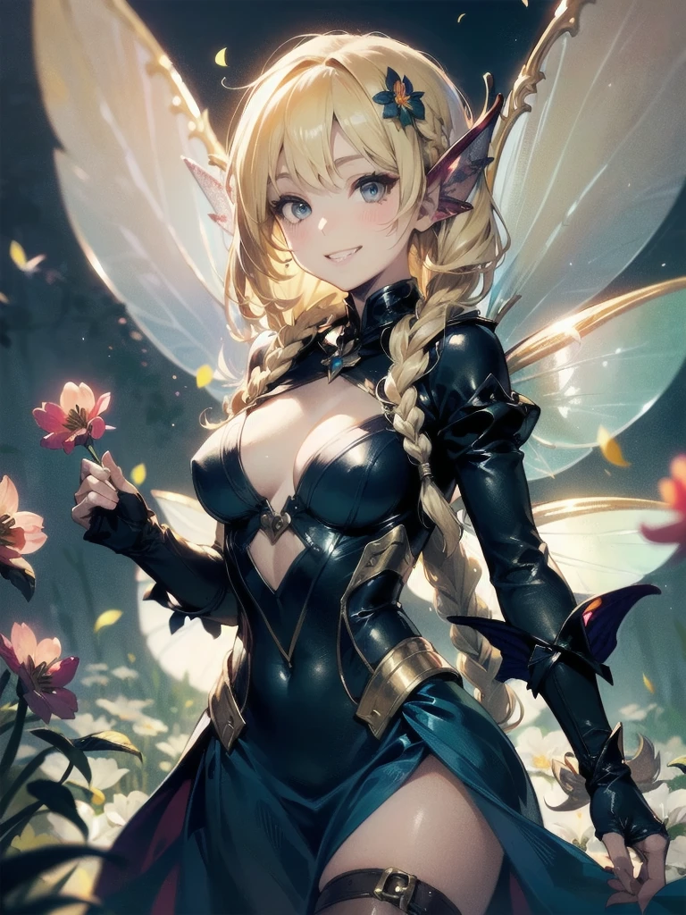 fantasy art, (dwaft flying fairy girl hybrid:1.5), wearing fairy wings, blond hair, braid hair, chest arched, one hand on hip, one hand fist on chest,grin, tall flowers, Pale tone colors,high-saturation, best-quarity,