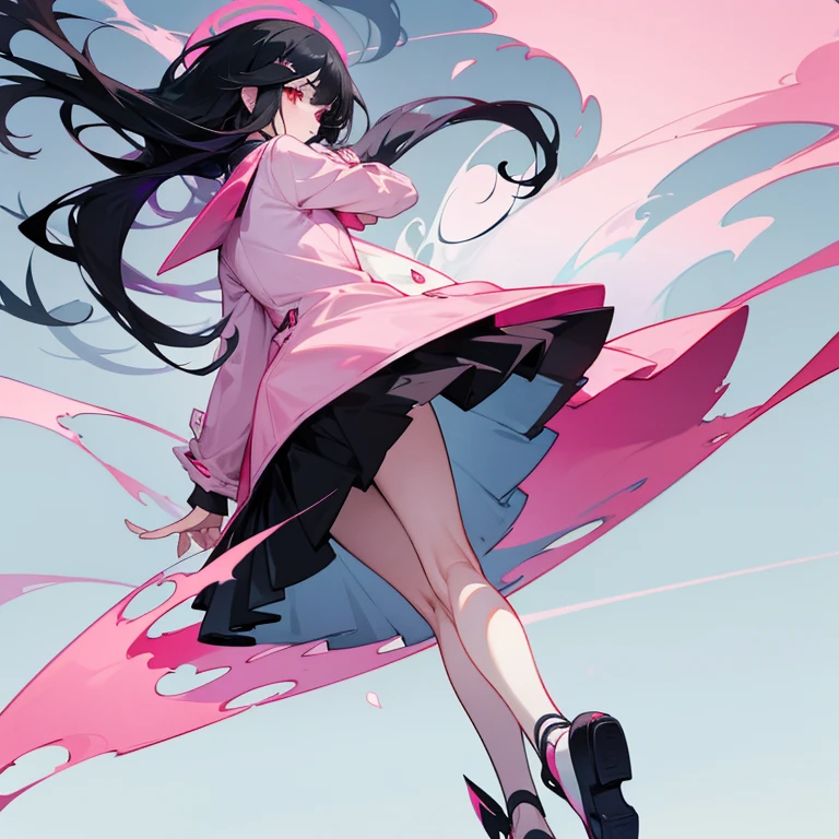 Black haired girl with pastel blue locks with red eyes pale skin wearing a pastel pink coat with a black skirt, medias blancas y zapatos negros mientras sostiene jeringas