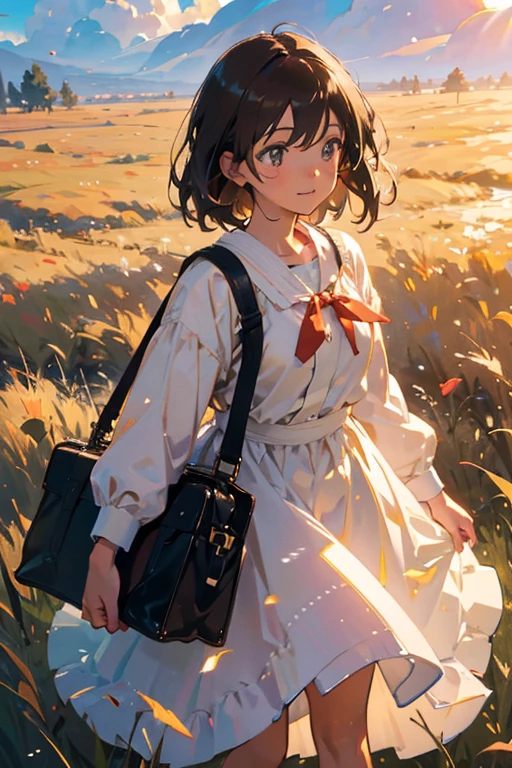 high quality, 8K Ultra HD, masterpiece, beautiful girl, A digital illustration of anime style, digital paintings of her, beautiful face, A beautiful girl walking with a bag on a grassy field, surrounded by a vast expanse of greenery and wildflowers, Her hair is gently swaying in the breeze, and the sun is shining down on her, casting a warm glow on her skin, heroines, delicate skin, beautiful hair, large eyes, three dimensional effect, enhanced beauty, Albert Anker, Feeling like Albert Anker, Kyoto Animation, Feeling like Kyoto Animation, brown hair, a little smile, luminism, black eye, 3d render, octane render, cinematic, Isometric, by yukisakura, awesome full color,