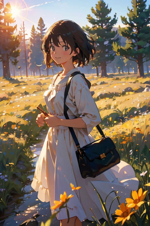 high quality, 8K Ultra HD, masterpiece, beautiful girl, A digital illustration of anime style, digital paintings of her, beautiful face, A beautiful girl walking with a bag on a grassy field, surrounded by a vast expanse of greenery and wildflowers, Her hair is gently swaying in the breeze, and the sun is shining down on her, casting a warm glow on her skin, heroines, delicate skin, beautiful hair, large eyes, three dimensional effect, enhanced beauty, Albert Anker, Feeling like Albert Anker, Kyoto Animation, Feeling like Kyoto Animation, brown hair, a little smile, luminism, black eye, 3d render, octane render, cinematic, Isometric, by yukisakura, awesome full color,