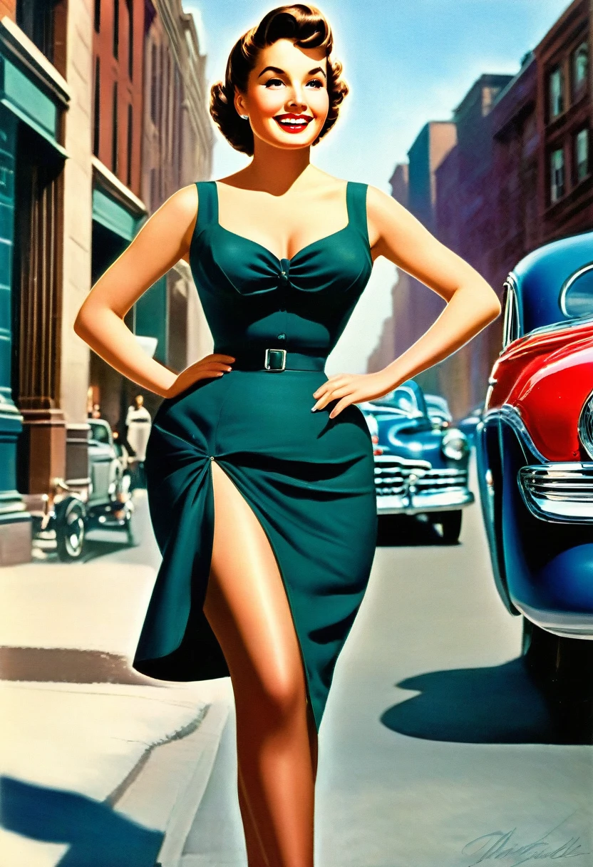 In a lively street scene from the 1950s, a stunning woman is crossing the street, (((wearing a knee-length skirt))) that accentuates her curves, and a form-fitting blouse that highlights her ample bosom, supported by a bullet bra, (((The seams of her alluring stockings draw attention))) as she smiles over her shoulder in response to a whistle from behind. The woman embodies a classic pin-up figure, with a dazzling smile and confident demeanor. Her hair is perfectly styled, complemented by matching accessories like earrings and a necklace. As she crosses the street, her skirt lifts slightly in the breeze, further accentuating her feminine contours. In the background of the street scene, additional pedestrians and classic cars contribute to the ambiance of the 1950s. The scene exudes charm and elegance, with the woman confidently and coquettishly displaying her beauty. This image captures the timeless glamour and flirtatious atmosphere of the 1950s. The scene evokes a nostalgic mood, perfectly encapsulating the beauty and dynamics of the era. The viewer is transported to a bygone era of style and elegance, with the woman's seductive allure taking center stage, from behind, wideankle shot, Retro Fashion style
