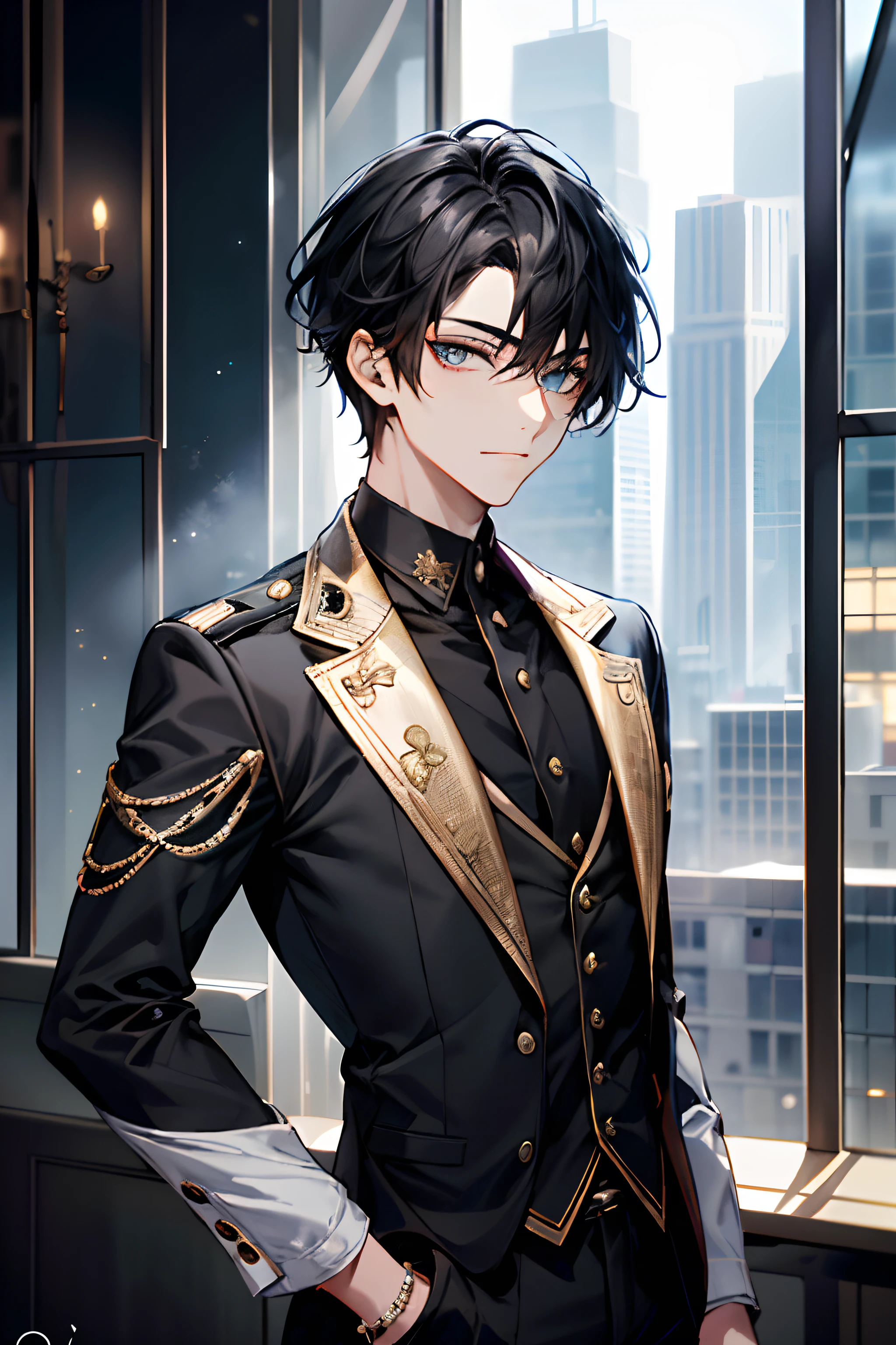 A vibrant modern fantasy city setting, He is 24 years old.、She exudes a presence that combines youth and maturity.。. His short black hair、Creates an experienced and thoughtful face。, His grey eyes reflect the depth of thought.. He wears a black suit that flows gracefully like a long cape., Adorned with gold details that sparkle and blend in with the city lights.. On a medium level, Your character is、The figure faces the viewer with a determined yet mysterious expression....... In the background, Modern cities are bustling with futuristic skyscrapers and state-of-the-art technology.. In this environment full of wonders and challenges to discover, He represents a combination of youth and wisdom in a world full of opportunity.....