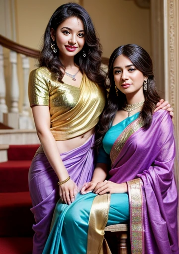 two women in colorful saris standing on a staircase way, india,highly detailed face, realistic eyes, eye cintact, cute smile, laughing hard, trending perfact cute face,30 year, sari, draped in silky purple and gold, draped in purple and gold silk, green magenta and gold, wearing a sari, wearing sari, colourful, with beautiful colors, hindu, flowing aqua silk, beautiful look, festival of rich colors, mid shot portrait, cyan and gold scheme