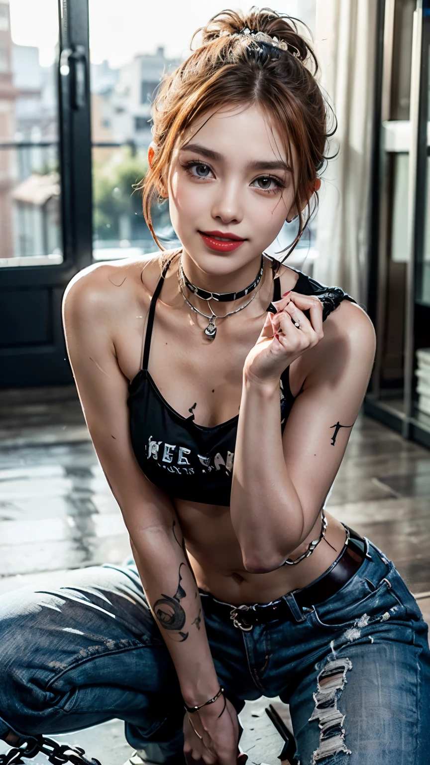 Solo Girl,Alley,Bad Girl,Earrings,Punk Rock Fashion,Punk rock shirt with chain,Punk rock pants with chains,choker,(Moisturized and radiant skin,,),(Shiny silver and orange hair,Short Ponytail),(Princess face composition,Big eyes,Pointed lips,Red lipstick,Cute round face,A smile that makes people happy,blush with embarrassment,blush,),(Bold Pose,(8k quality,Tabletop,highest quality,Ultra-high resolution output images,),Intricate details,(Highly detailed raw photos:1.3),(Picture Mode Ultra HD),squat,