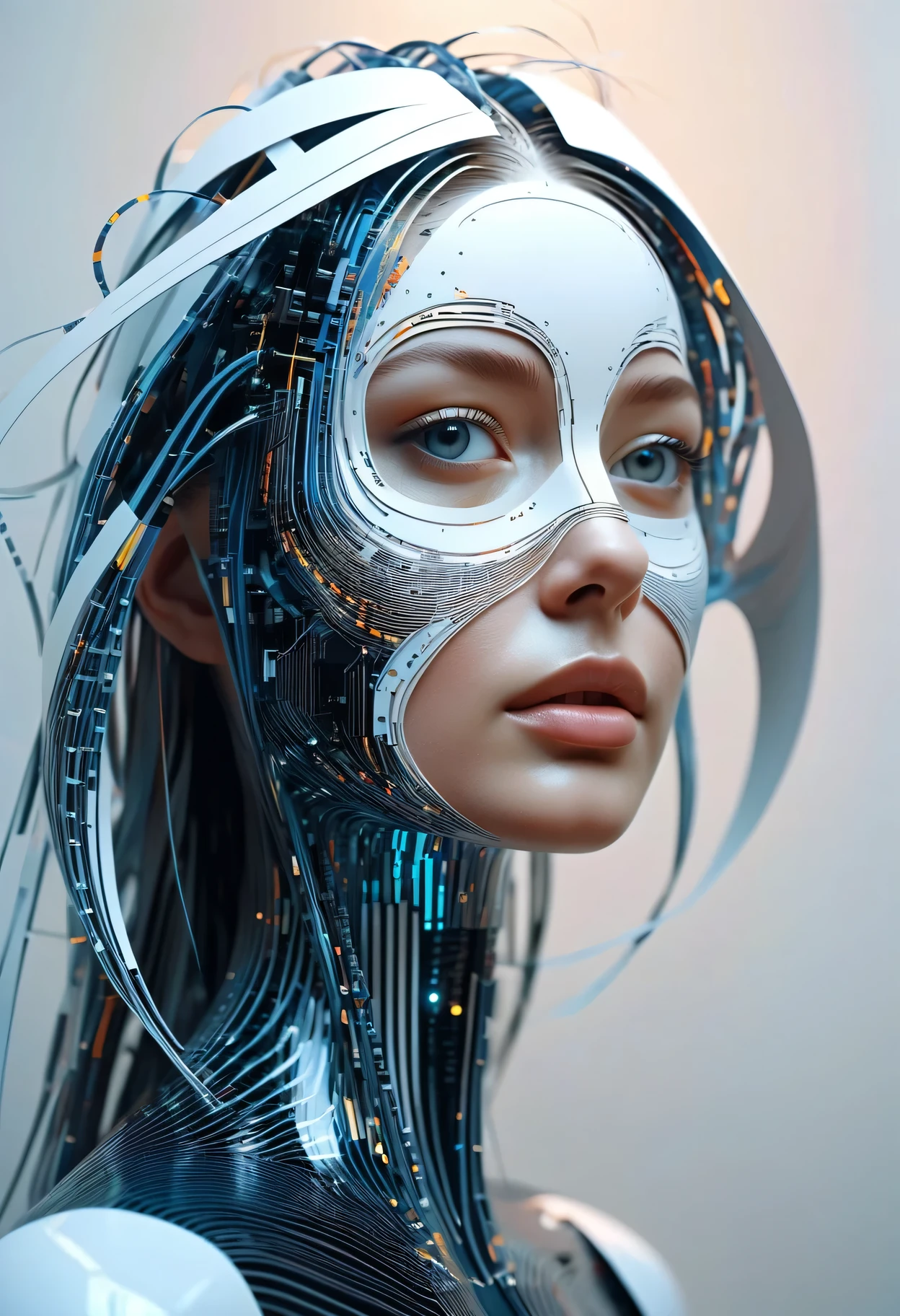 Paper Art Cut Portraits, Beautiful supermodel made with cybernetic digital binary barcode data in synesthesia style, Vector dot futuristic, Fractal Art, The wave rises in a perfect spiral, luminogram jewel - metallic tone gradient, Charged glowing circuit wave, Cinema 4D, Octane Rendering, Very detailed, Algorithmic Symmetry, Movie Lighting, Surreal, 8k, Unreal Engine, Extremely detailed, Ultra HD