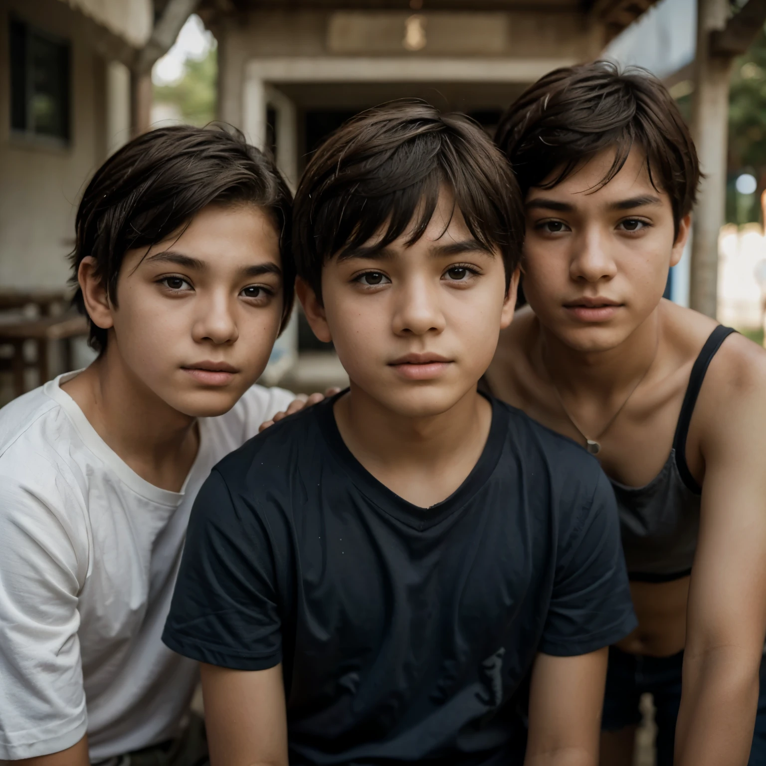 12 year old boy with medium short stranded hair with his friends and stranded eyes