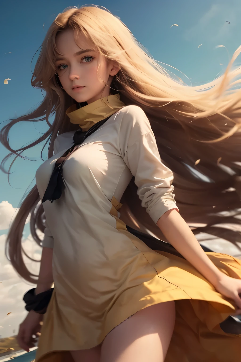 wide golden eyes, Long hair blown by the wind, Girl&#39;s body front view, (View from below, The sky is above), ((A girl standing in a flower field looking up）, （whole body:１.2)), Fantasy World、 (full moon: 1.2), (meteor: 0.9), (nebula: 1.3), Distant Mountain々, (Warm Light: 1.2), (fire Fly: 1.2), Light, Lots of purple and orange, Intricate details, Volumetric Lighting Break (masterpiece: 1.2), (highest quality), 4K, Super detailed, (Dynamic configuration: 1.4), Rich color and detail, (Rainbow-colored: 1.2), (Shine, Atmospheric lighting), dream-like, Magic,