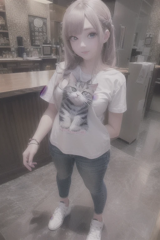 A woman wearing a cat T-shirt is standing in a room, very beautiful cute Cat girl, Cute shirt and jeans, Real life anime girls, anime Cat girl, anime cat, Realistic Anime 3D Style, 魅力的なCat girl, beautiful young Cat girl, Cat girl, realistic anime cat, cute anime Cat girl, beautiful anime Cat girl