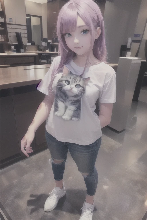 A woman wearing a cat T-shirt is standing in a room, very beautiful cute Cat girl, Cute shirt and jeans, Real life anime girls, anime Cat girl, anime cat, Realistic Anime 3D Style, 魅力的なCat girl, beautiful young Cat girl, Cat girl, realistic anime cat, cute anime Cat girl, beautiful anime Cat girl