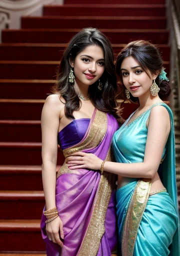 two women in colorful saris standing on a staircase way, beautiful sexy face, natural glittery eyes, , india,highly detailed face, realistic eyes, eye cintact, cute smile, laughing hard, trending perfact cute face,30 year, sari, draped in silky purple and gold, draped in purple and gold silk, green magenta and gold, wearing a sari, wearing sari, colourful, with beautiful colors, hindu, flowing aqua silk, beautiful look, festival of rich colors, mid shot portrait, cyan and gold scheme