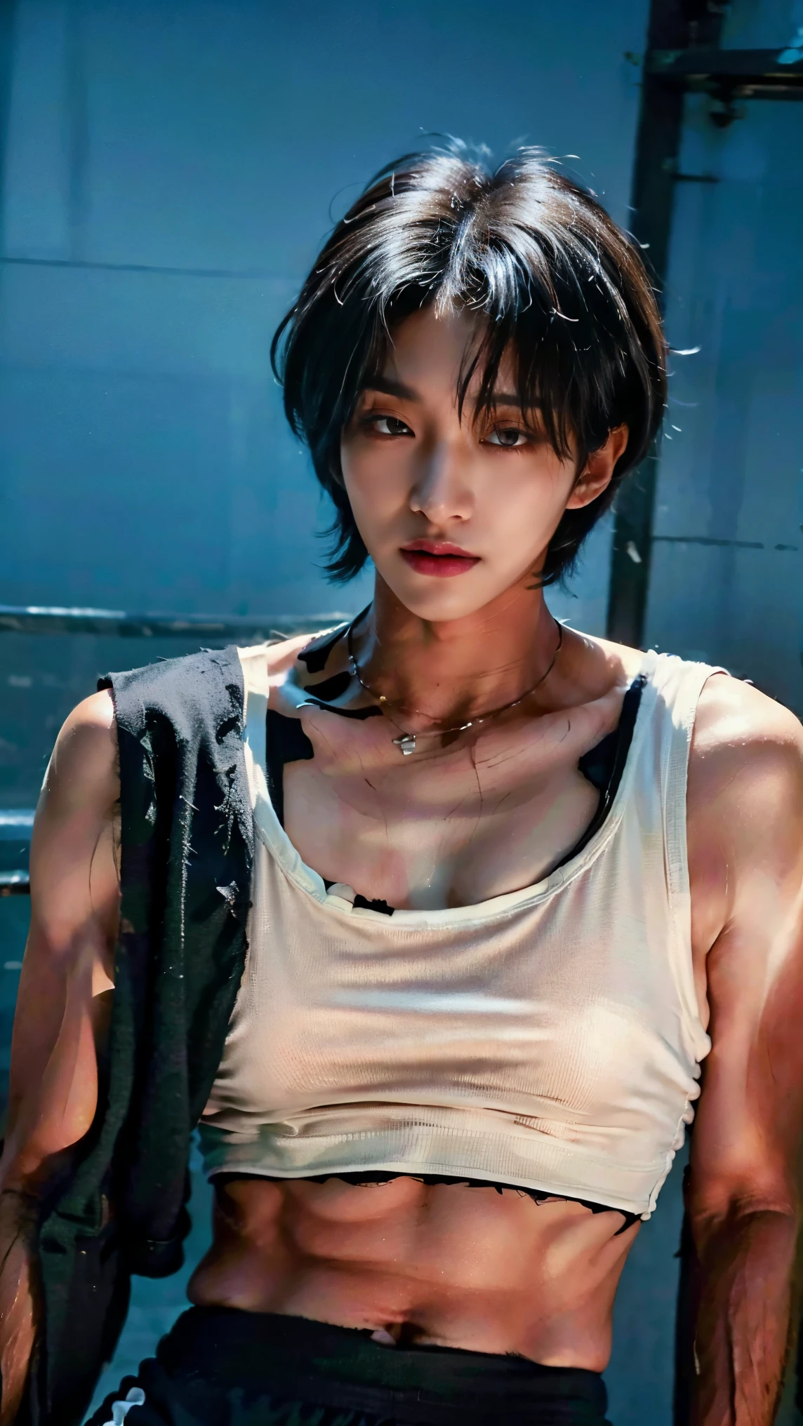 Realistic photos, 8k ,Handsome young Korean tomboy with a bob cut,(Ultra-realistic), (figure), (High resolution), (8k), (Very detailed), (Best figure), (Beautiful fine details), (highest quality), (Super detailed), (masterpiece), (wallpaper), (Detailed face), ((whole body,Flat Chest,Slightly muscular)),alone,Black hair bob cut,(((Face is a girl,The body is a perfect man))), Black tank top,Training pants,Transgender,Korean,aespakarina,Chest is male,kpop