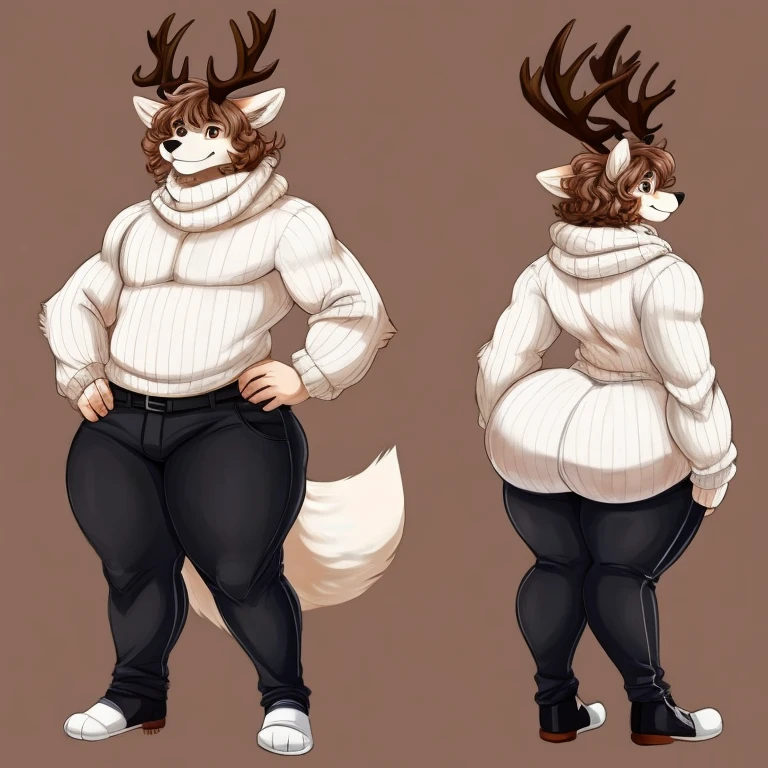 Solo, white fox, male, brown antlers, brown pupils, short wavy curls, shaggy, white scarf, furry, white sweater, black pants, thicc, hourglass figure, huge butt