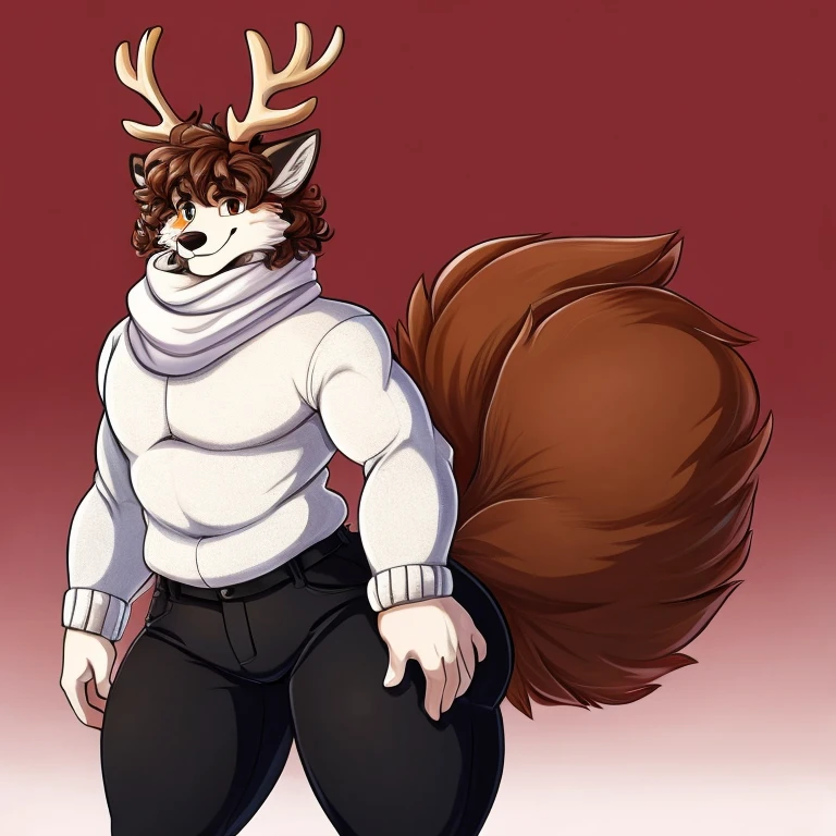 Solo, white fox, male, brown antlers, brown pupils, short wavy curls, shaggy, white scarf, furry, white sweater, black pants, thicc, hourglass figure, huge butt