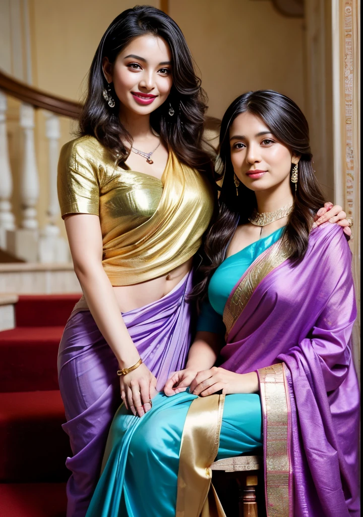 two women in colorful saris standing on a staircase way, india,highly detailed face, realistic eyes, eye cintact, cute smile, laughing hard, trending perfact cute face,30 year, sari, draped in silky purple and gold, draped in purple and gold silk, green magenta and gold, wearing a sari, wearing sari, colourful, with beautiful colors, hindu, flowing aqua silk, beautiful look, festival of rich colors, mid shot portrait, cyan and gold scheme