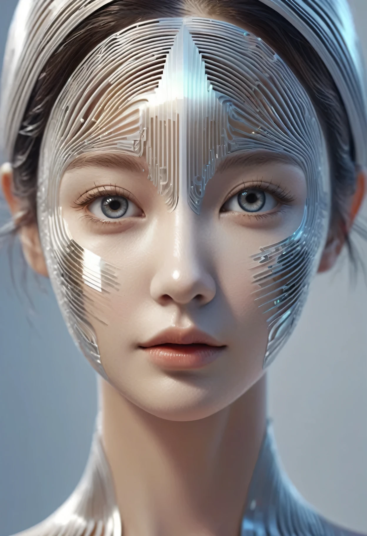 Paper Art Cut Portraits, Beautiful supermodel made with cybernetic digital binary barcode data in synesthesia style, Vector dot futuristic, Fractal Art, The wave rises in a perfect spiral, luminogram jewel - metallic tone gradient, Charged glowing circuit wave, Cinema 4D, Octane Rendering, Very detailed, Algorithmic Symmetry, Movie Lighting, Surreal, 8k, Unreal Engine, Extremely detailed, Ultra HD