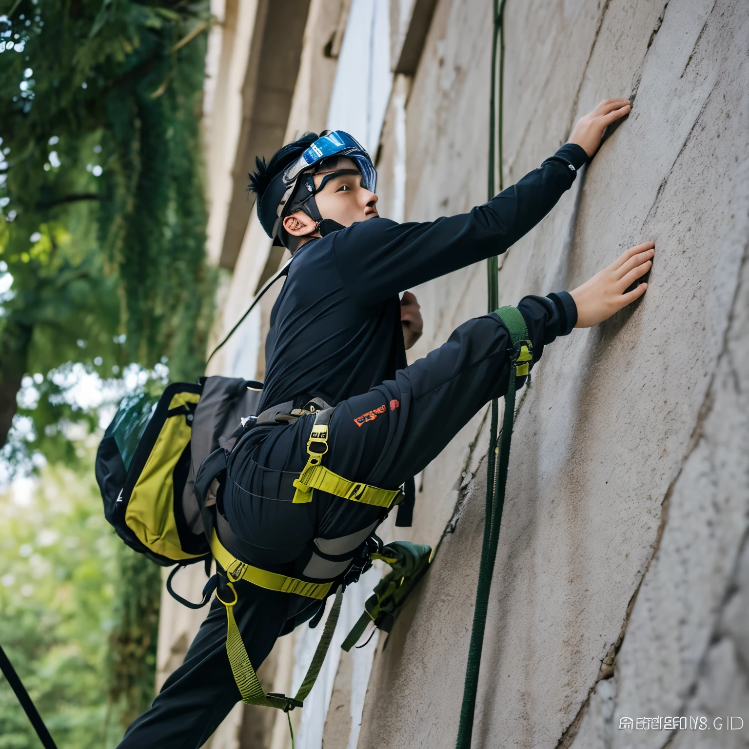 Young man with black hair climbing long sleeves and dustproof goggles