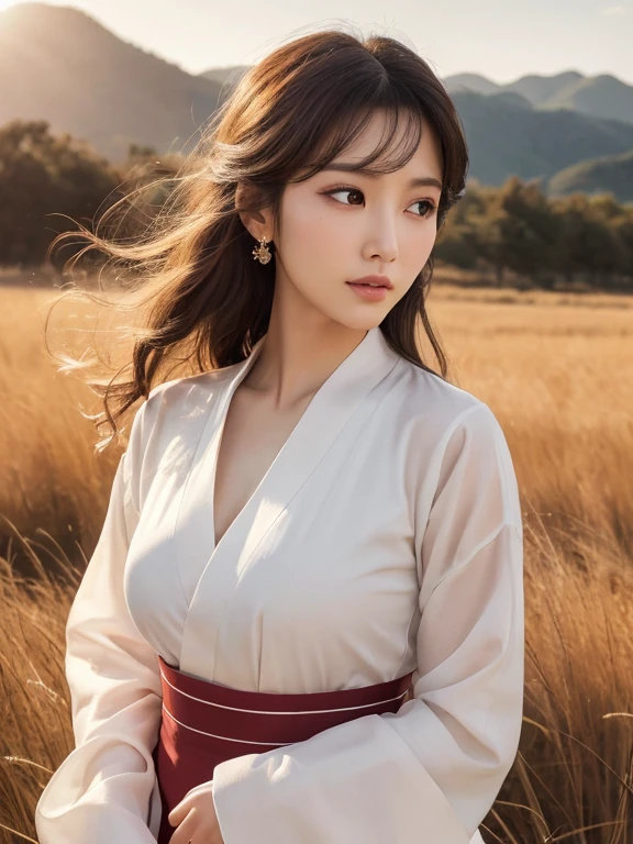 (best quality,4k,8k,highres,masterpiece:1.2),ultra-detailed,realistic,photorealistic:1.37, beautiful detailed eyes, beautiful detailed lips, extremely detailed face, longeyelashes, intimate view, classic oil painting, soft lighting, vibrant colors, warm tones, atmosphere, standing on an open field surrounded by the mountains, timid expression, natural hair, flawless skin texture, gentle breeze, elegant pose, nervous energy, afternoon ambiance, frontal shot, Wearing a traditional Korean Hanbok dress. loose openend clothes, showing breasts and vagina. Sunrise