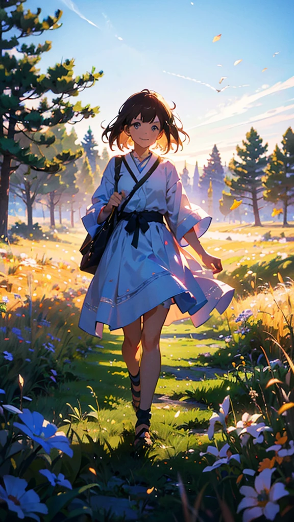 high quality, 8K Ultra HD, masterpiece, beautiful girl, A digital illustration of anime style, digital paintings of her, beautiful face, A beautiful girl walking with a bag on a grassy field, surrounded by a vast expanse of greenery and wildflowers, Her hair is gently swaying in the breeze, and the sun is shining down on her, casting a warm glow on her skin, heroines, delicate skin, beautiful hair, large eyes, three dimensional effect, enhanced beauty, Albert Anker, Feeling like Albert Anker, Kyoto Animation, Feeling like Kyoto Animation, brown hair, a little smile, luminism, black eye, 3d render, octane render, cinematic, Isometric, by yukisakura, awesome full color,