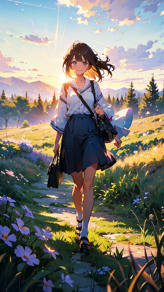 high quality, 8K Ultra HD, masterpiece, beautiful girl, A digital illustration of anime style, digital paintings of her, beautiful face, A beautiful girl walking with a bag on a grassy field, surrounded by a vast expanse of greenery and wildflowers, Her hair is gently swaying in the breeze, and the sun is shining down on her, casting a warm glow on her skin, heroines, delicate skin, beautiful hair, large eyes, three dimensional effect, enhanced beauty, Albert Anker, Feeling like Albert Anker, Kyoto Animation, Feeling like Kyoto Animation, brown hair, a little smile, luminism, black eye, 3d render, octane render, cinematic, Isometric, by yukisakura, awesome full color,
