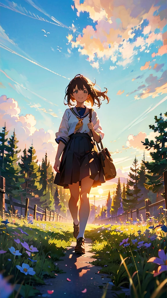 high quality, 8K Ultra HD, masterpiece, beautiful girl, A digital illustration of anime style, digital paintings of her, beautiful face, A beautiful girl walking with a bag on a grassy field, surrounded by a vast expanse of greenery and wildflowers, Her hair is gently swaying in the breeze, and the sun is shining down on her, casting a warm glow on her skin, heroines, delicate skin, beautiful hair, large eyes, three dimensional effect, enhanced beauty, Albert Anker, Feeling like Albert Anker, Kyoto Animation, Feeling like Kyoto Animation, brown hair, a little smile, luminism, black eye, 3d render, octane render, cinematic, Isometric, by yukisakura, awesome full color,