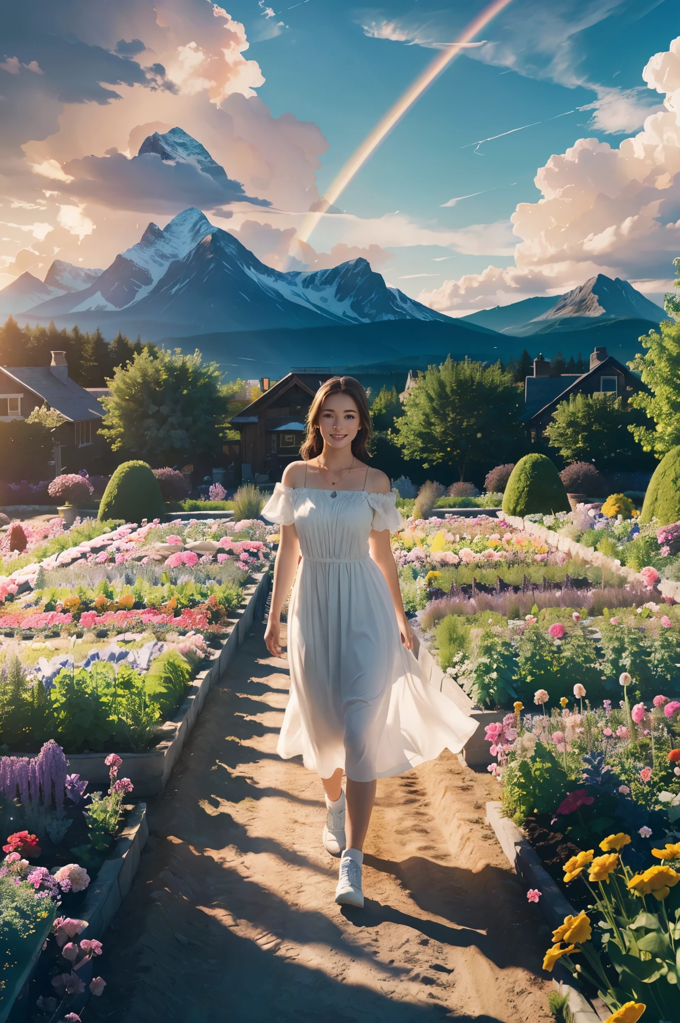 1 cute canadian girl, Dynamic Angle, Clouds and mountains, (garden: 1.4) prospect, White Dress, Light Tracing, (Floating colorful wind: 1) (Realistic: 1.4), Official Art, Unity 8K Wallpaper, Super detailed, Beautiful and beautiful, masterpiece, highest quality, Glowing Skin, Cinema Lighting, A light smile, necklace