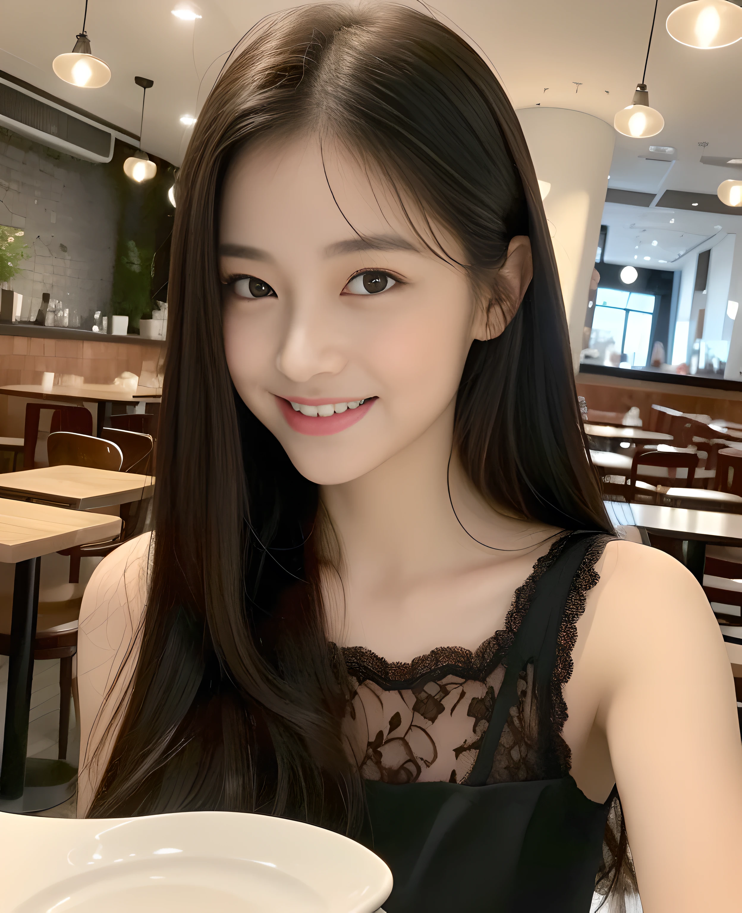 ((best quality, 8K, masterpiece: 1.3)), beautiful girl, pure, melon face, kind and cute, sweet smile, pure desire, slender body, (front), (tilted head), ((looking at camera) ), wearing a lace dress,silky hair, round black big eyes, clear big eyes, moist red lips, sweet, sitting in a Upscale cafes, Upscale cafes background , (((whole body))),