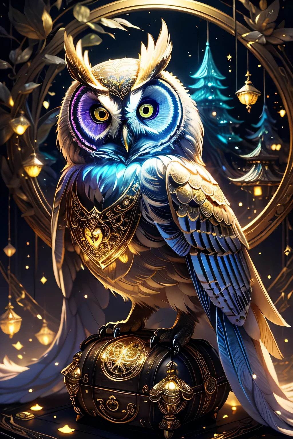Luminous art owl in fairy costume, psychedelic,god々New Background,god mysterious background,Dignified,gold,There is a treasure chest of gold and silver nearby.