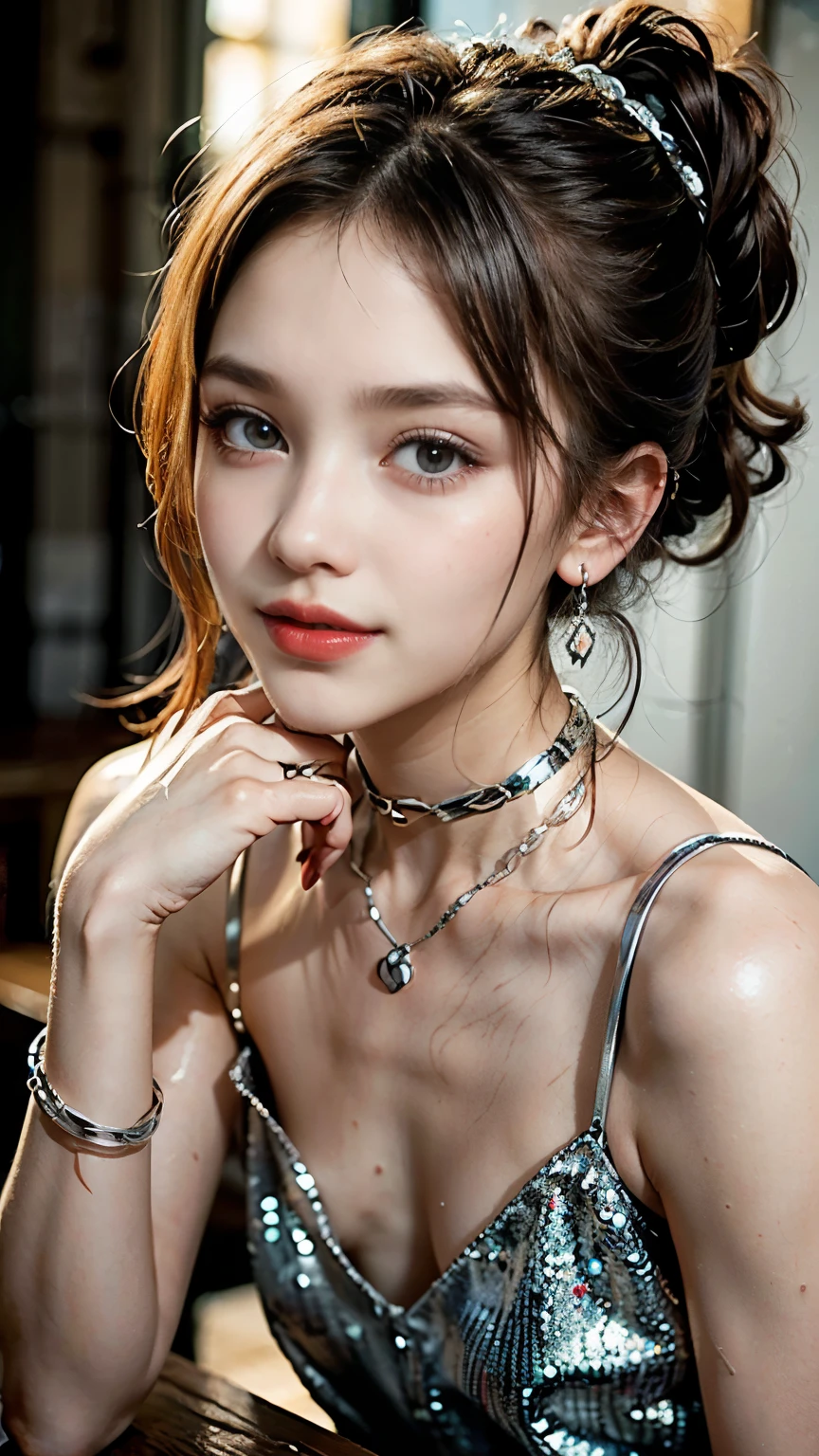 Solo Girl,Alley,Bad Girl,Earrings,Punk Rock Fashion,Punk rock shirt with chain,Punk rock pants with chains,choker,(Moisturized and radiant skin,,),(Shiny silver and orange hair,Short Ponytail),(Princess face composition,Big eyes,Pointed lips,Red lipstick,Cute round face,A smile that makes people happy,blush with embarrassment,blush,),(Bold Pose,(8k quality,Tabletop,highest quality,Ultra-high resolution output images,),Intricate details,(Highly detailed raw photos:1.3),(Picture Mode Ultra HD),squat,The chest is visible