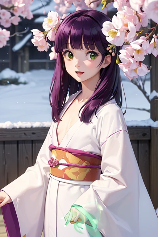 Very detailed CG Unity 8K wallpaper, Cute One lady, Mature hair、lady ,beautiful lady, pale skin (Super masterpiece, Beautiful person, well detailed face polluted smile, Photorealistic, hyper realisitic), Colorful winter kimono in pink and white colors、(white fur)、Japanese Style Hair Accessories、smile、Japanese background with light pink flowers and snow、Portrait、(ref Eyes)、(flat chest:1.5)、(Glowing Skin:1.7)、Detailed eyes、Big eyes、Open your mouth、Hide your arms、(shinobu miyake, long hair, bangs, purple hair, (green eyes:1.5)),